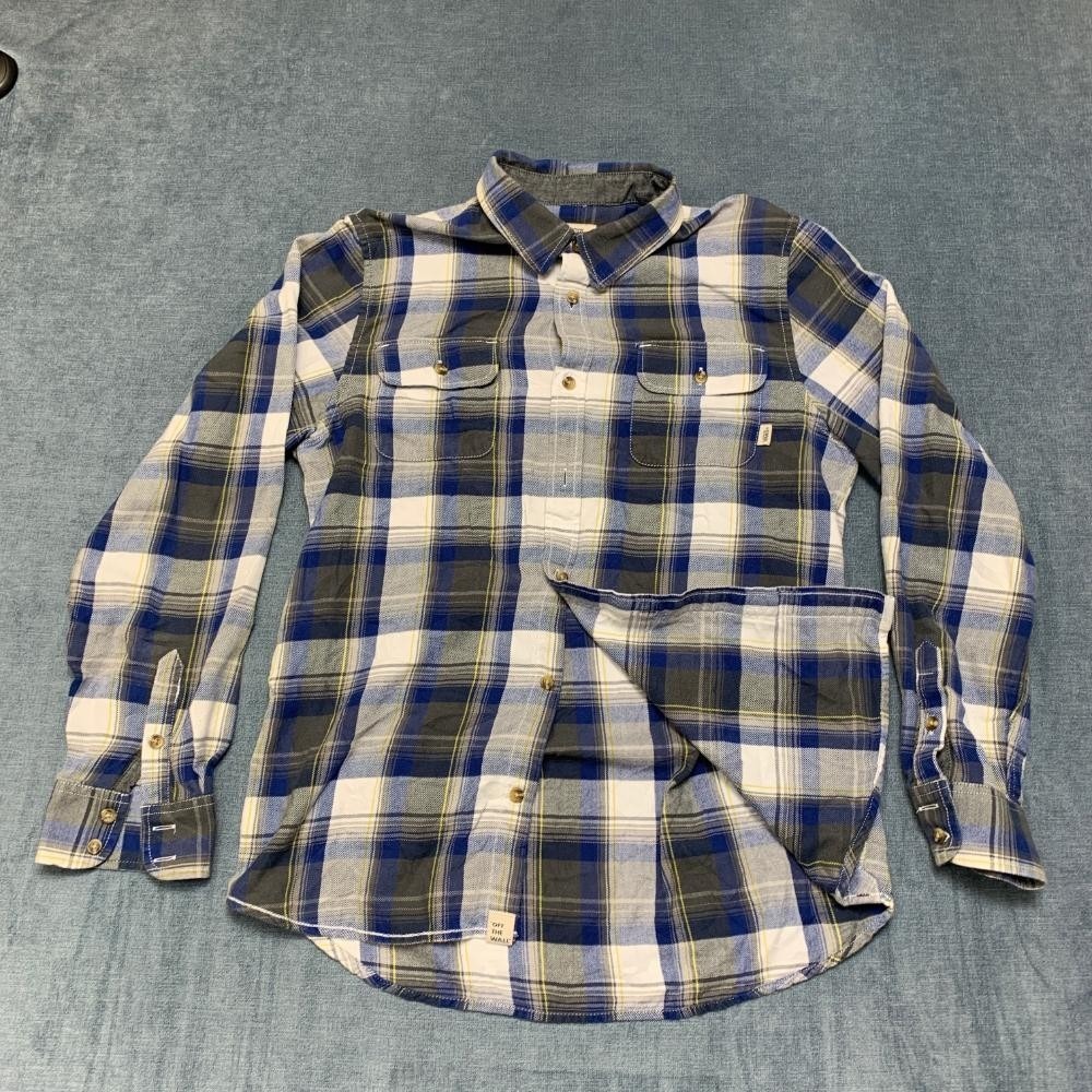 Vans Flannel Shirt Mens Medium Blue Gray Pleated Streetwear Travel Button Up